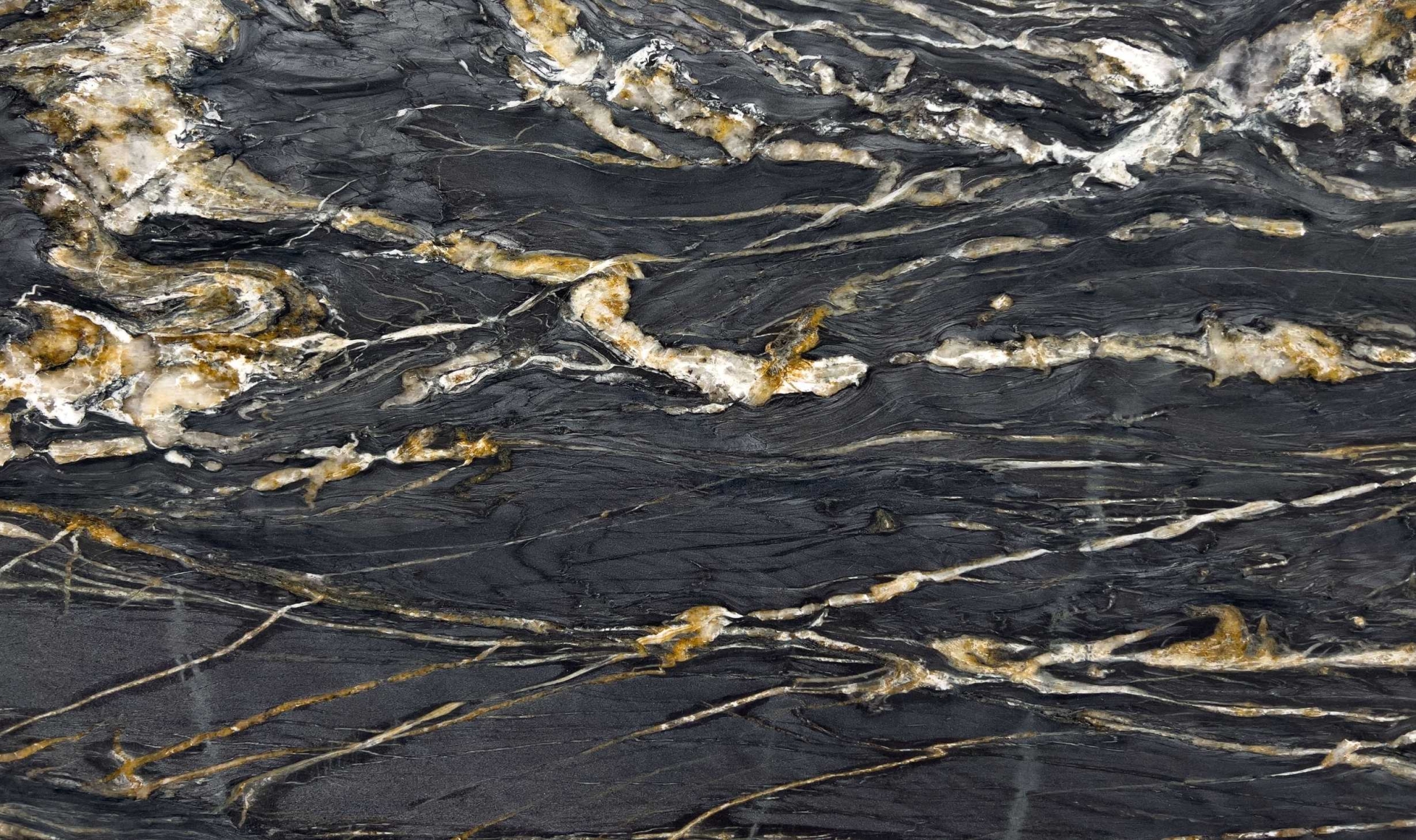 Cambrian Black quartzite slab with white gold veining