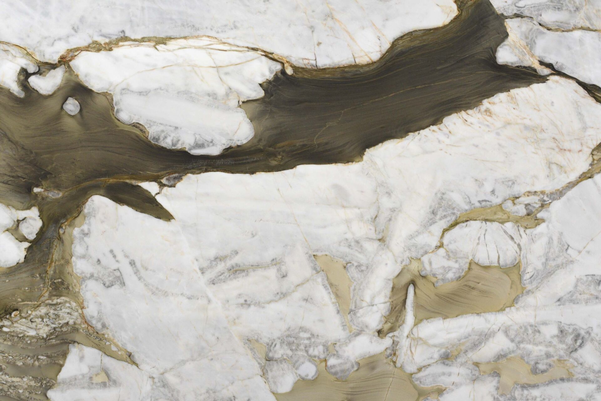 Calacatta Monaco honed white green dolomite slab close up, with forest green veining